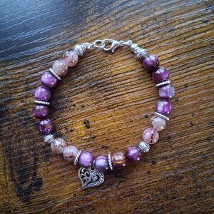 Purple Beaded Heart Bracelet & Hoop Earrings Set - Stretch & Lobster Claw Clasp
